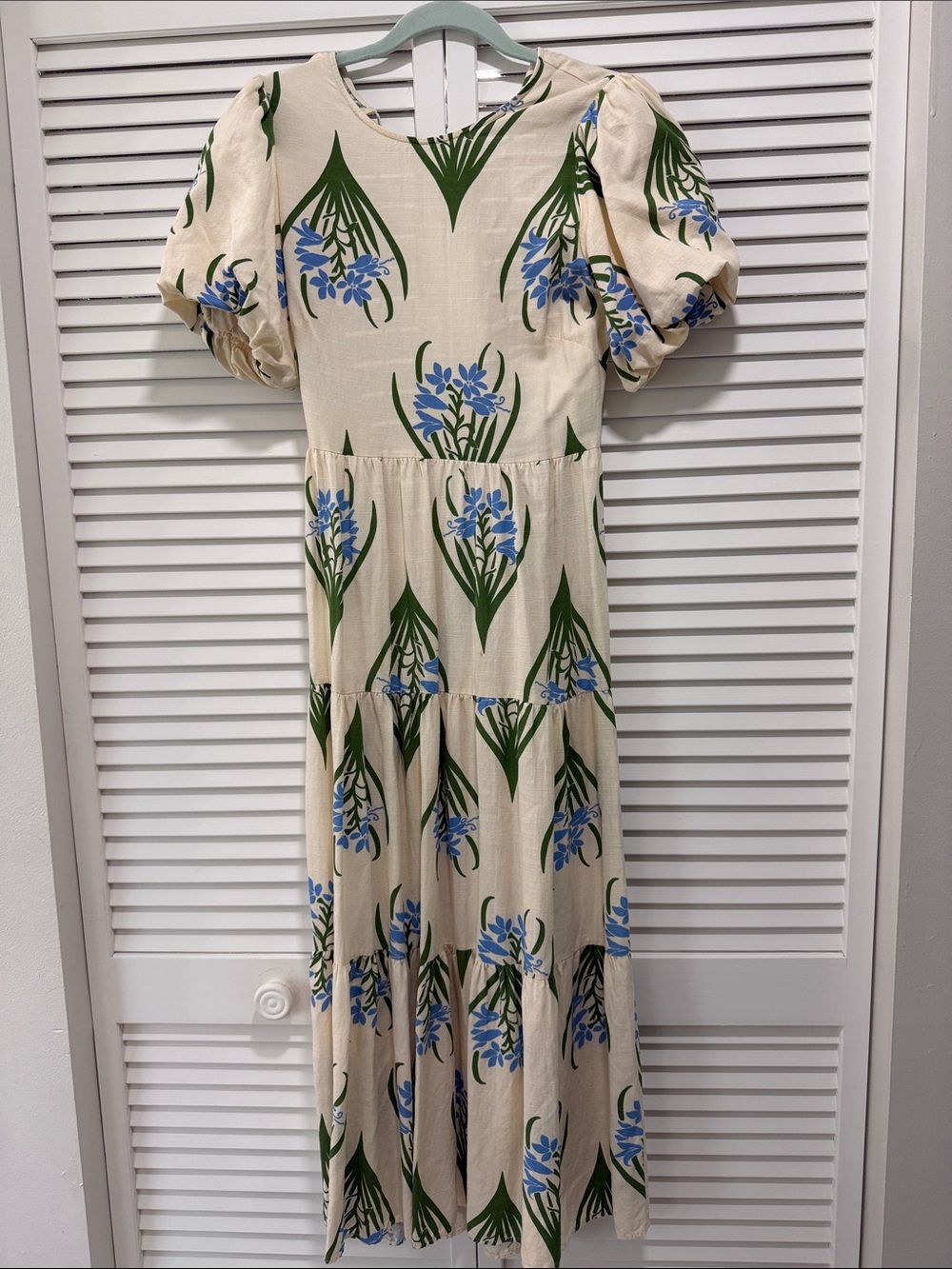 Zara linen Floral Puff-Sleeve Midi Dress with Blue & Green Print